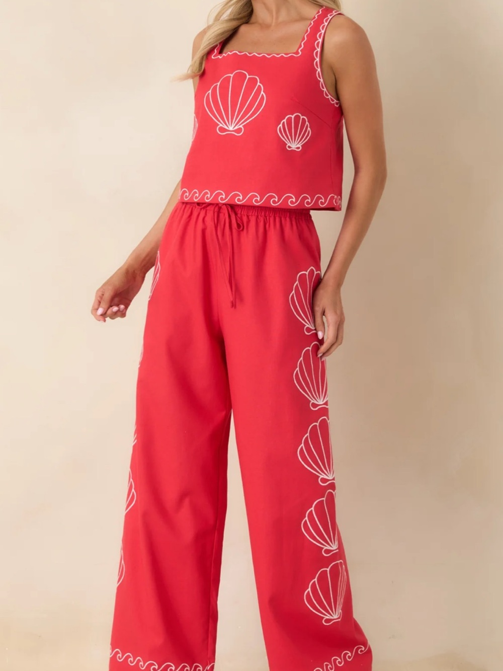 Fate Red Shell-Print Wide Leg Pantsuit